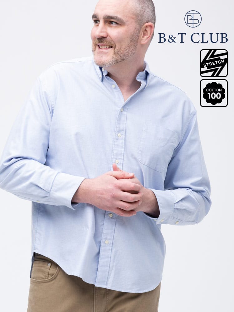 大きいサイズ メンズ B＆T CLUB 綿100％ ナチュラルストレッチ ボタンダウン オックスフォード 長袖シャツ 2L-10L相当