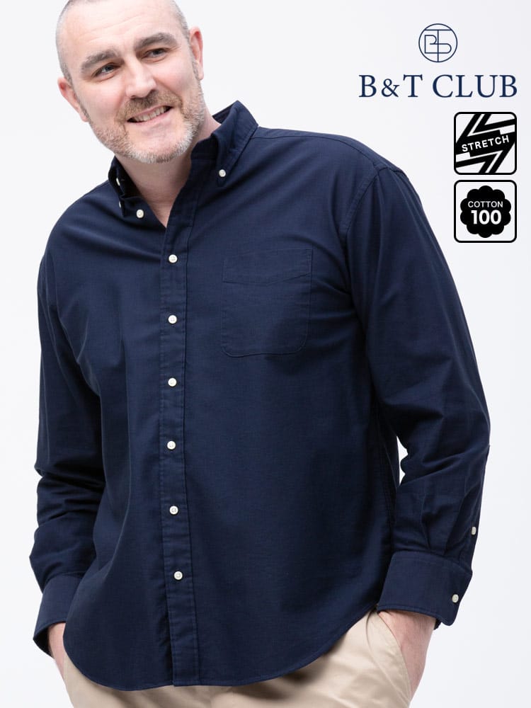 大きいサイズ メンズ B＆T CLUB 綿100％ ナチュラルストレッチ ボタンダウン オックスフォード 長袖シャツ 2L-10L相当