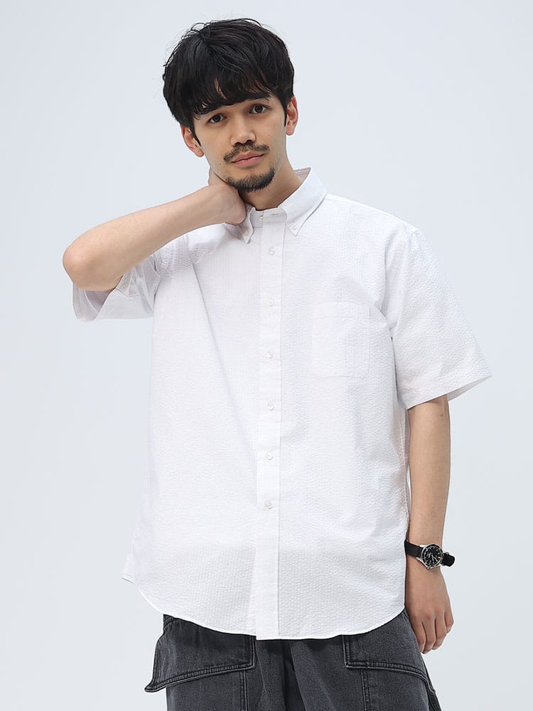 CREW (クルー) COOLMAX シアサッカー ボタンダウン 半袖 シャツ