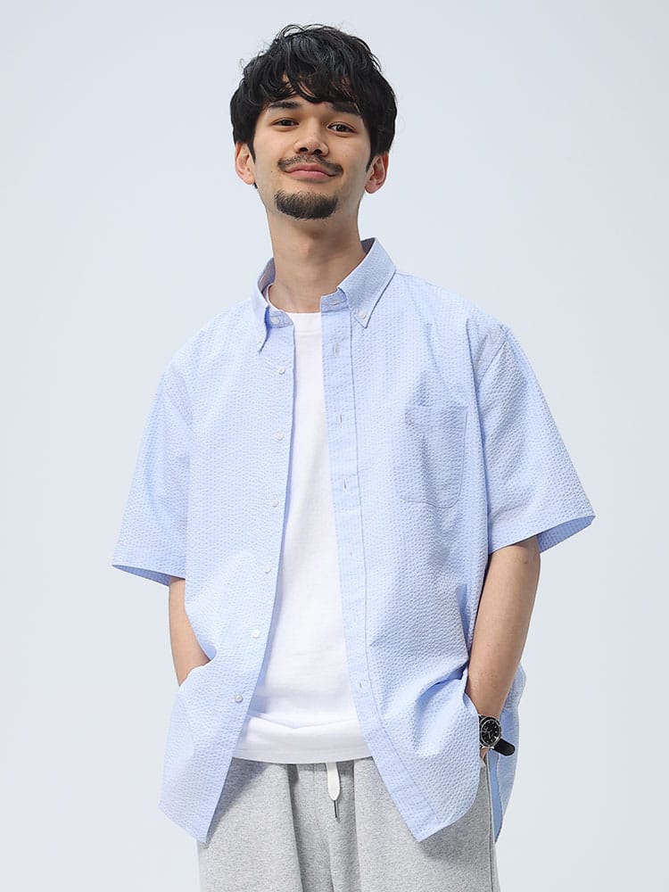 CREW (クルー) COOLMAX シアサッカー ボタンダウン 半袖 シャツ