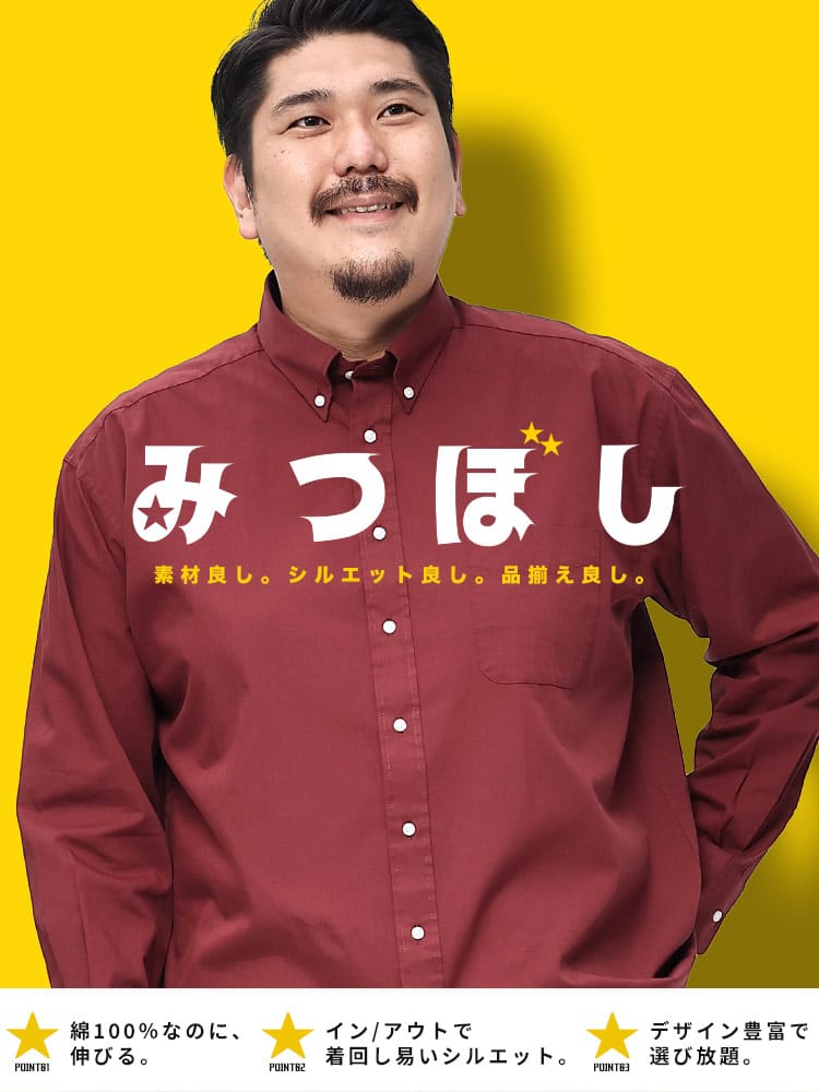 長袖シャツ ツイル 綿100％ マルチ 無地 チェック柄 ボタンダウン みつぼし 大きいサイズ メンズ