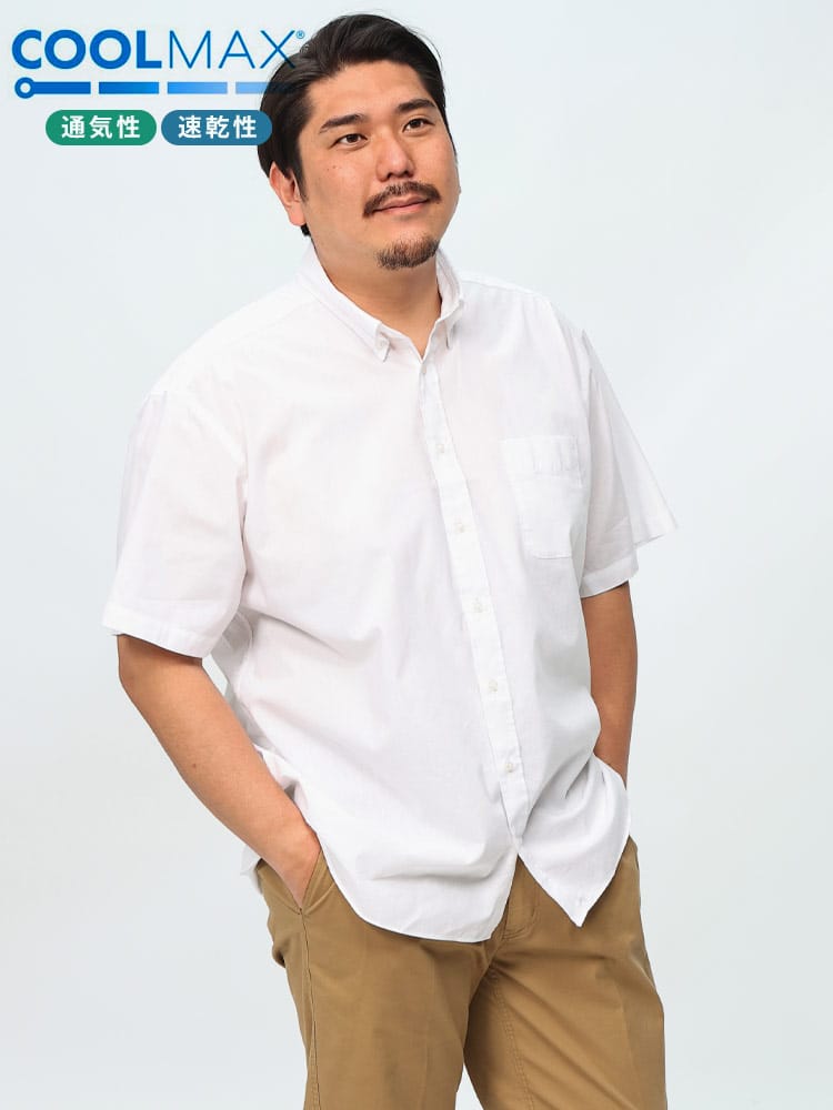半袖 シャツ COOLMAX リネン混 ポケット付き ボタンダウン  トップス シャツ 大きいサイズ メンズ