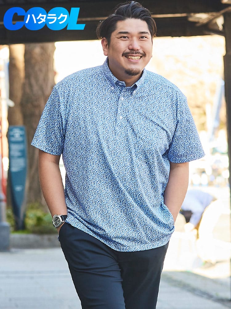 B＆T CLUB ビーアンドティークラブ 働くCOOL ドライ 鹿の子 ポロシャツ ボタンダウン 半袖 シャツ ストレッチ 吸水速乾  ビズポロ 総柄 大きいサイズ メンズ 