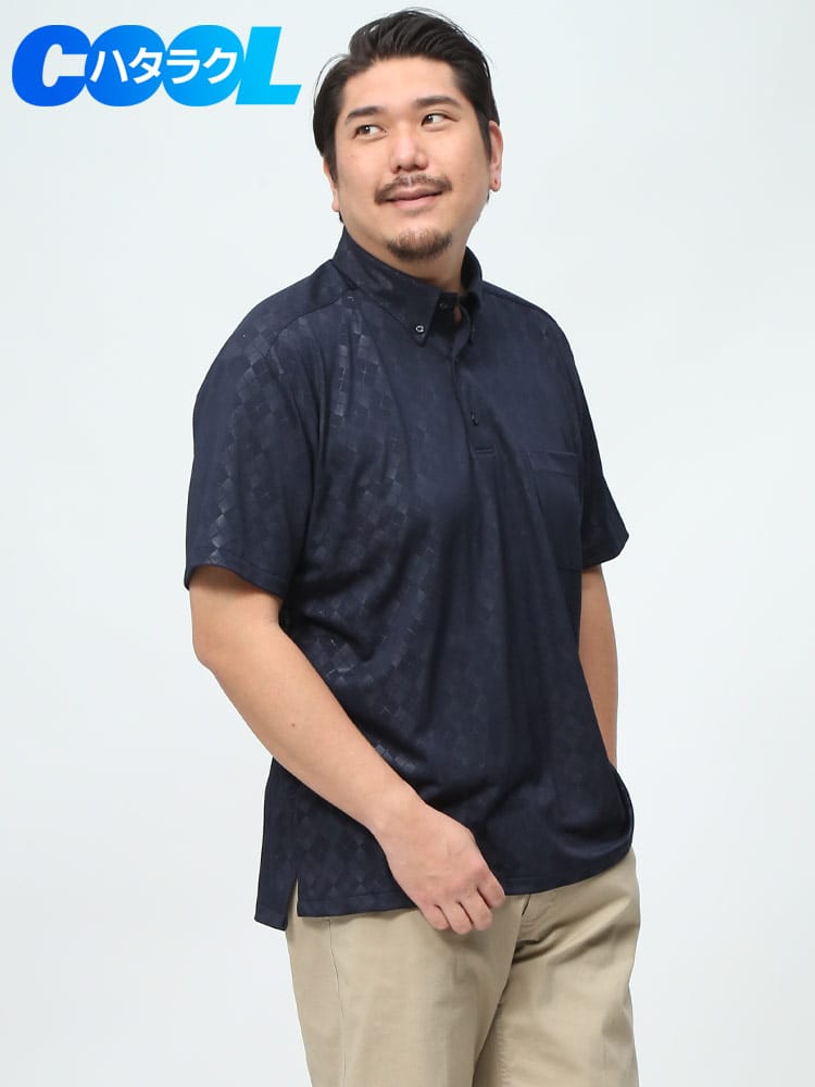 B＆T CLUB ビーアンドティークラブ 働くCOOL ドライ 鹿の子 ポロシャツ ボタンダウン 半袖 シャツ ストレッチ 吸水速乾  ビズポロ 総柄 大きいサイズ メンズ 