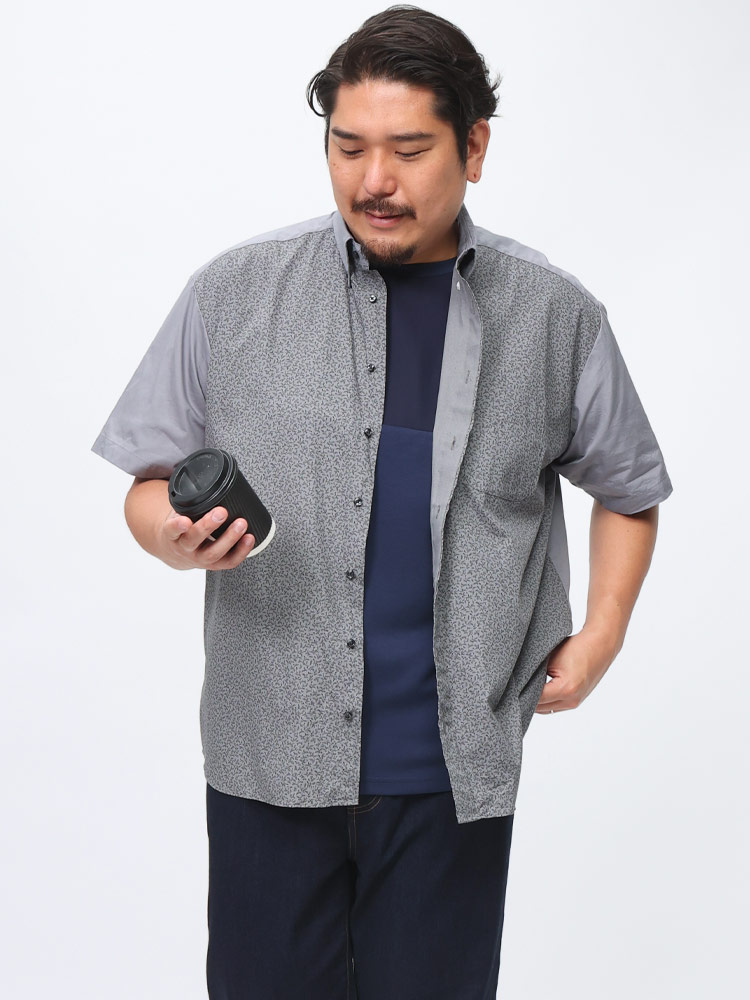 B＆T CLUB (ビーアンドティークラブ) 前身切替小柄プリント ボタンダウン 半袖 シャツ ESBT56