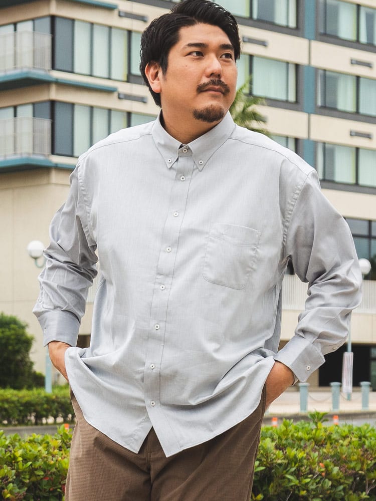 長袖シャツ SOLARO ソラーロ生地 無地 ストレッチボタンダウン トップス コットン シンプル 大きいサイズ メンズ