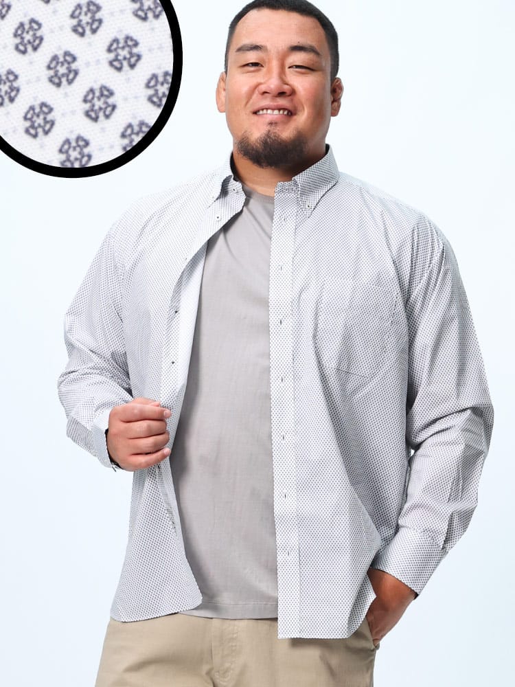 長袖シャツ 総柄プリント ストレッチ ボタンダウン トップス コットン カジュアル 大きいサイズ メンズ