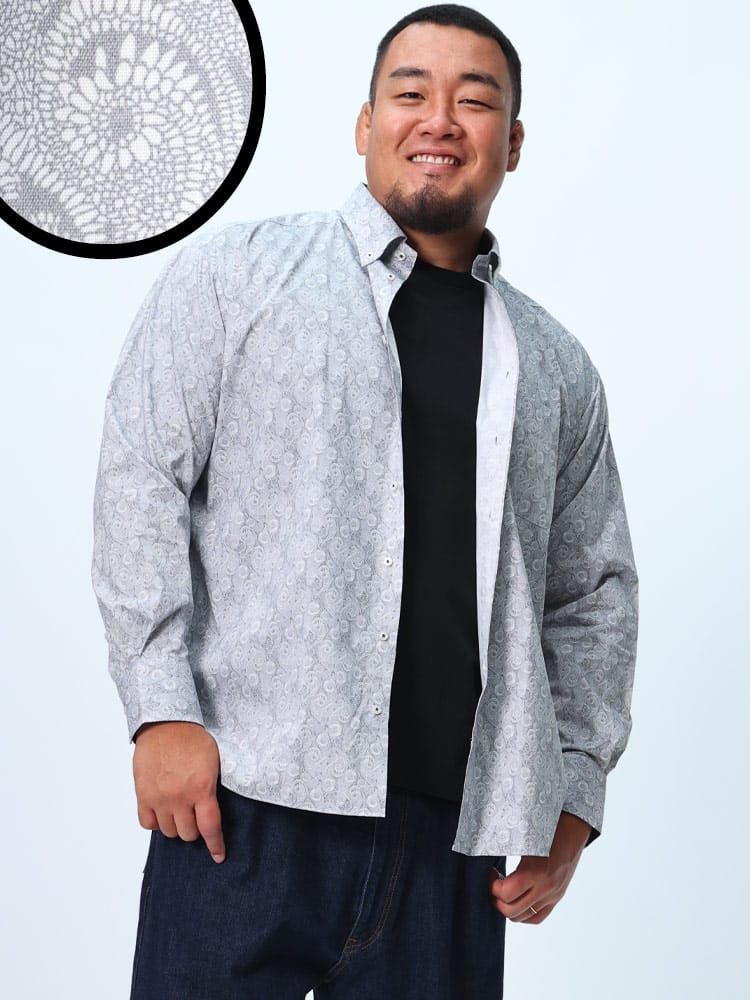 長袖シャツ 総柄プリント ストレッチ ボタンダウン トップス コットン カジュアル 大きいサイズ メンズ