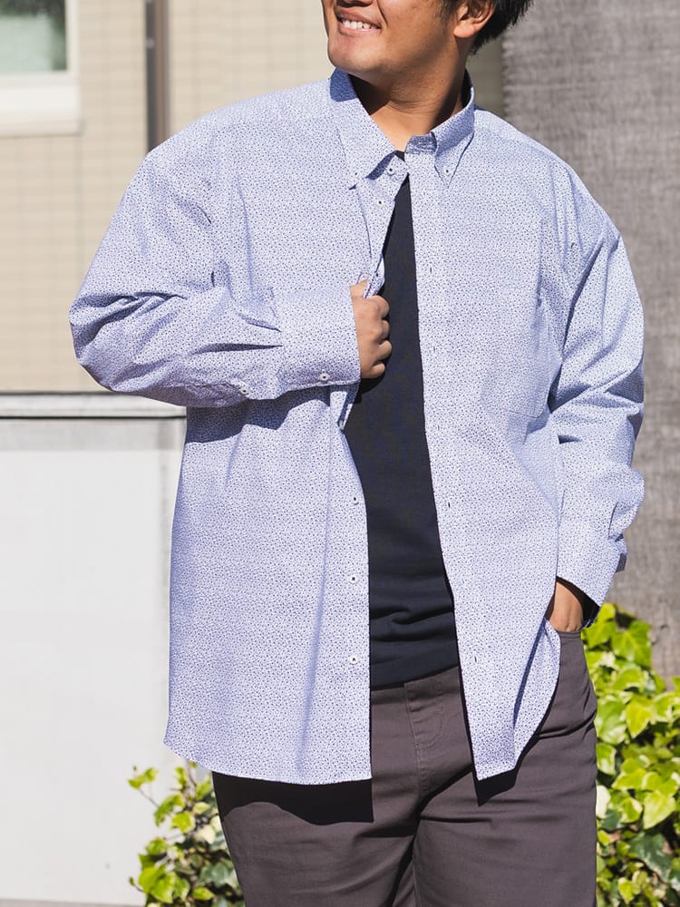 長袖シャツ 総柄プリント ストレッチ ボタンダウン トップス コットン カジュアル 大きいサイズ メンズ