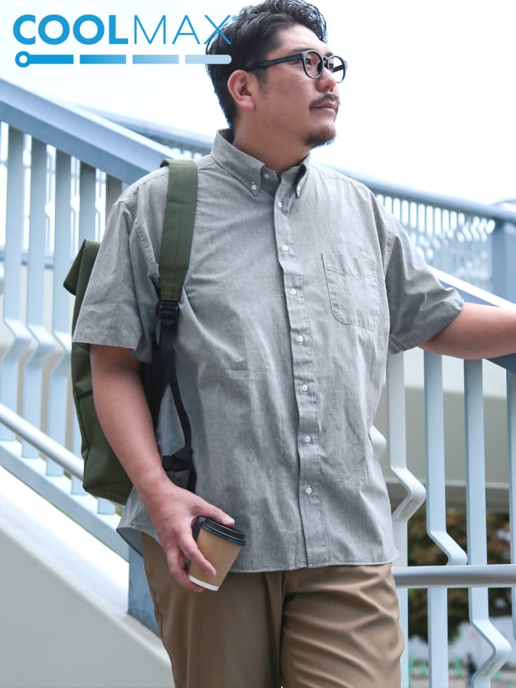 半袖 シャツ COOLMAX 麻混 ボタンダウン トップス ビジネス ポケット クールビズ 春 夏 大きいサイズ メンズ