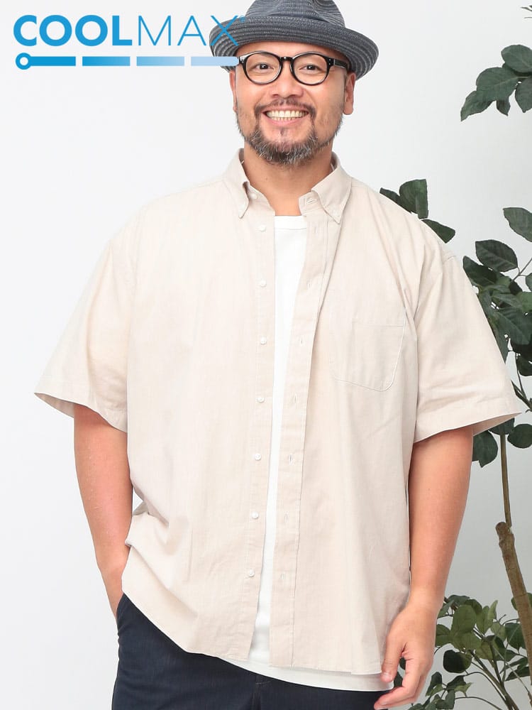 半袖 シャツ COOLMAX 麻混 ボタンダウン トップス ビジネス ポケット クールビズ 春 夏 大きいサイズ メンズ