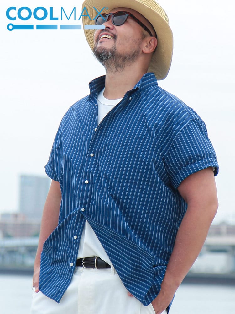 半袖 シャツ COOLMAX インディゴライク ボタンダウン トップス ビジネス ポケット クールビズ 春 夏 大きいサイズ メンズ