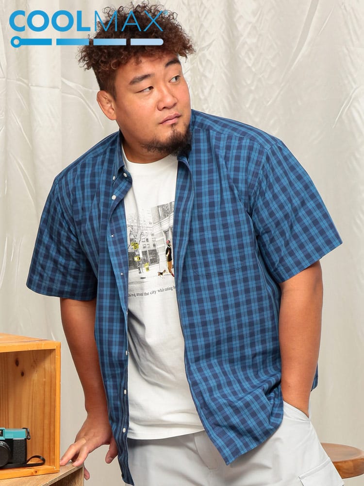 半袖 シャツ COOLMAX インディゴライク ボタンダウン トップス ビジネス ポケット クールビズ 春 夏 大きいサイズ メンズ