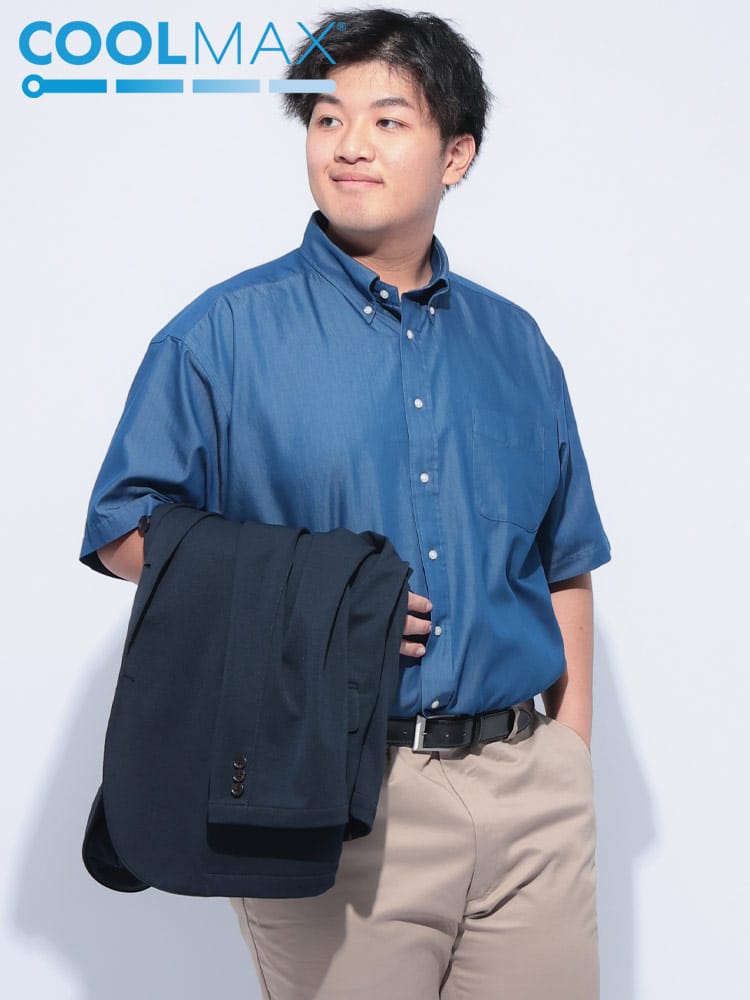 半袖 シャツ COOLMAX インディゴライク ボタンダウン トップス ビジネス ポケット クールビズ 春 夏 大きいサイズ メンズ
