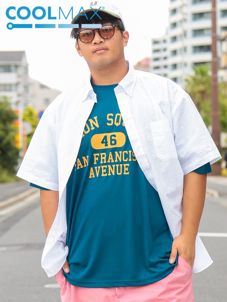 半袖 シャツ COOLMAX シアサッカー 無地 ボタンダウン トップス ビジネス ポケット クールビズ 春 夏 大きいサイズ メンズ