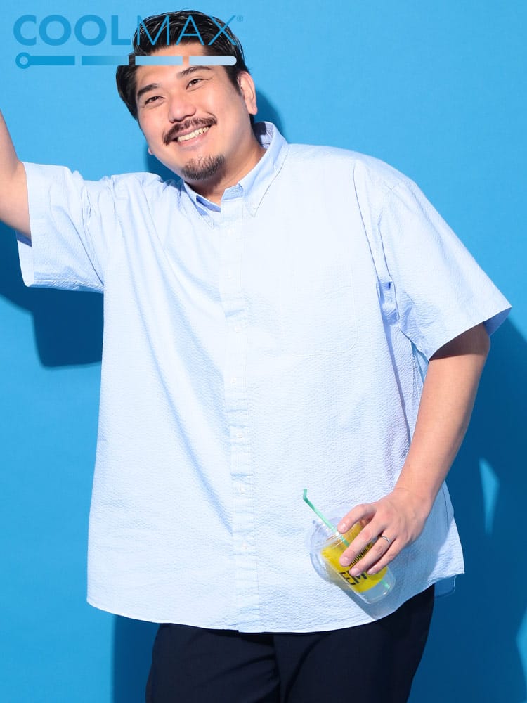 半袖 シャツ COOLMAX シアサッカー 無地 ボタンダウン トップス ビジネス ポケット クールビズ 春 夏 大きいサイズ メンズ