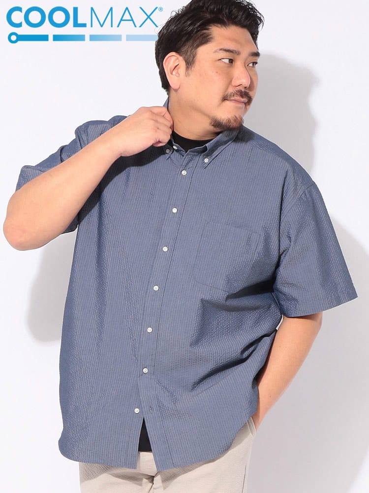 シャツ 半袖 COOLMAX 無地 メンズ 大きいサイズ クールマックス シアサッカー 無地 ボタンダウン トップス 冷感 涼しい ビジカジ