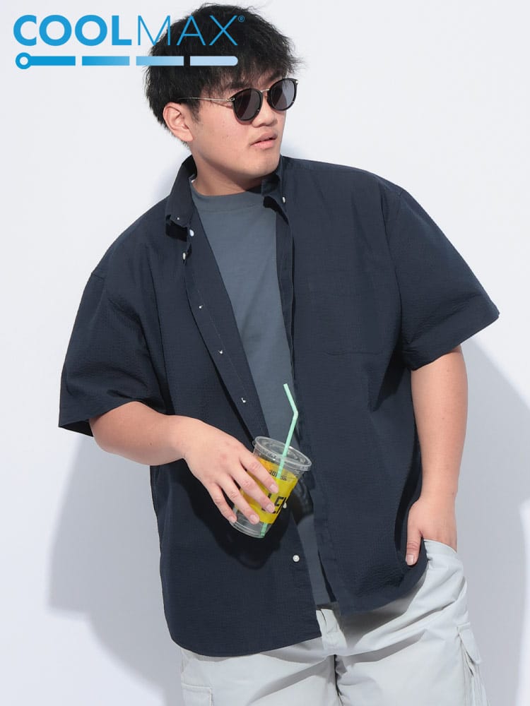半袖 シャツ COOLMAX シアサッカー 無地 ボタンダウン トップス ビジネス ポケット クールビズ 春 夏 大きいサイズ メンズ