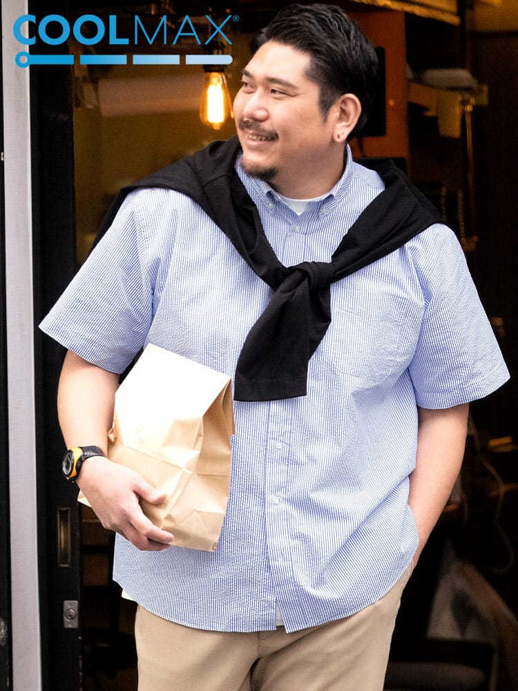 半袖 シャツ COOLMAX シアサッカー 総柄 ボタンダウン トップス ビジネス ポケット クールビズ 春 夏 大きいサイズ メンズ