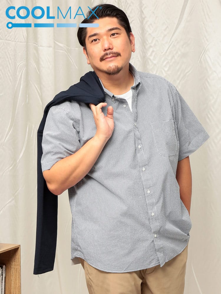 半袖 シャツ COOLMAX シアサッカー 総柄 ボタンダウン トップス ビジネス ポケット クールビズ 春 夏 大きいサイズ メンズ