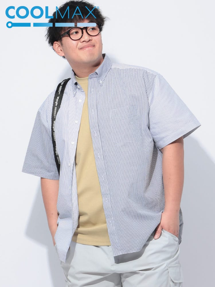 半袖 シャツ COOLMAX シアサッカー 総柄 ボタンダウン トップス ビジネス ポケット クールビズ 春 夏 大きいサイズ メンズ