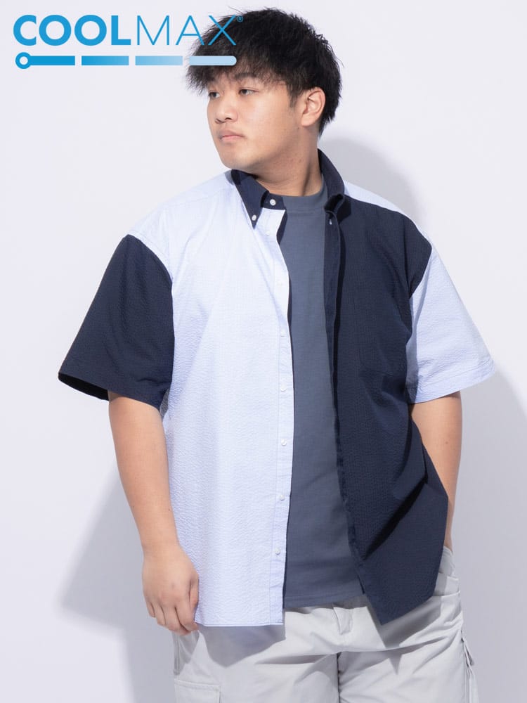 半袖 シャツ COOLMAX シアサッカー 総柄 ボタンダウン トップス ビジネス ポケット クールビズ 春 夏 大きいサイズ メンズ