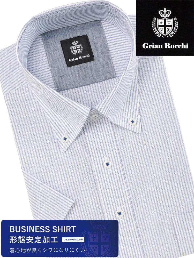 Grian Rorchi グリアンローチ 形態安定 半袖 ワイシャツ チェック＆ストライプ ボタンダウン 形態安定 遮熱 メンズ ビジネス 紳士 シャツ ワイシャツ 柄シャツ 半袖シャツ ビジカジ