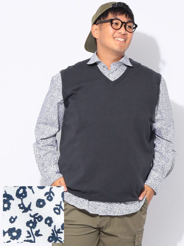 長袖シャツ 総柄プリント ストレッチ カッタウェイ トップス  大きいサイズ メンズ