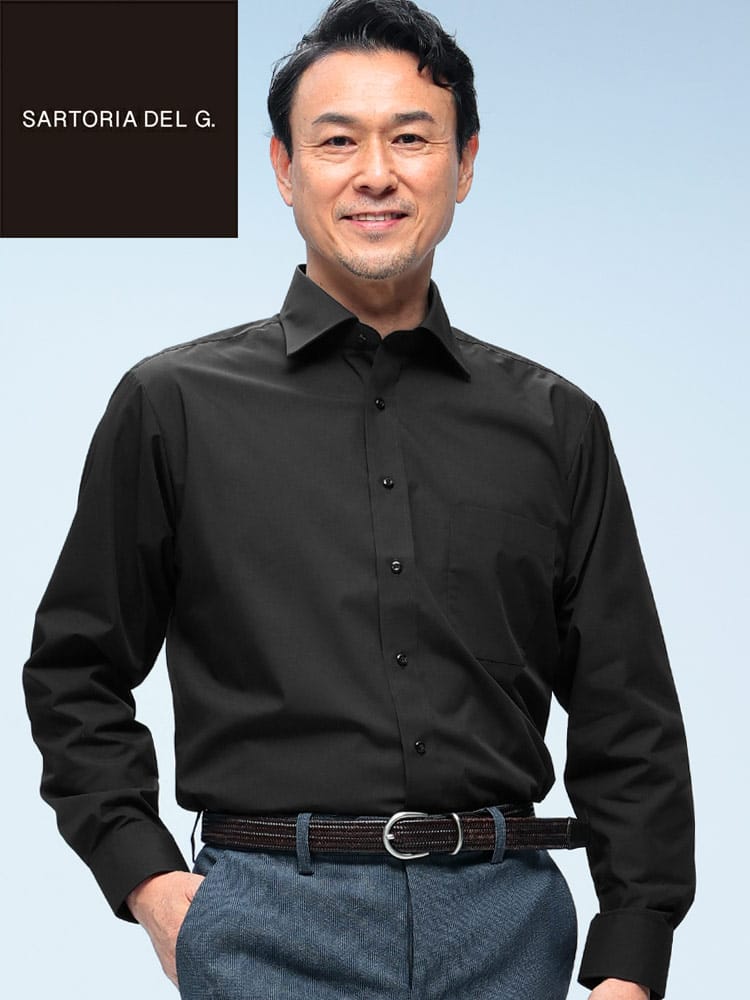 ワイシャツ・ネクタイ3本同時購入で11000円対象商品 長袖 ワイシャツ 黒無地 セミワイドカラー BASICBODY Yシャツ 無地 シンプル メンズ ビジネス 紳士 SARTORIA DEL GROSSO サルトリアデルグロッソ