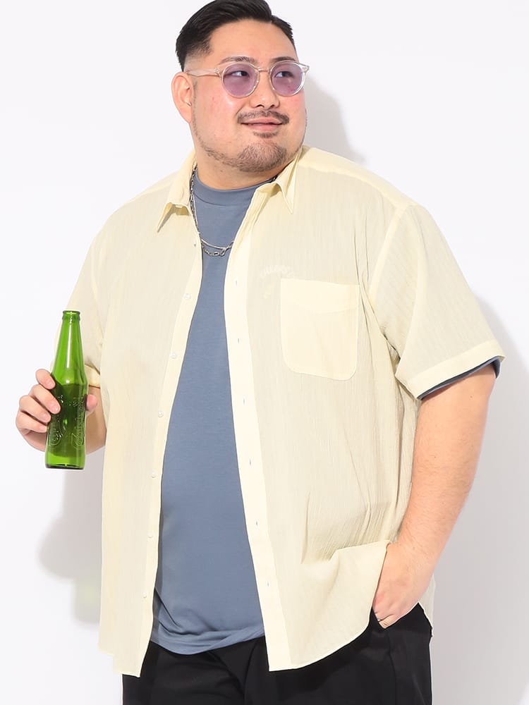 シャツ 半袖 COOLMAX 楊柳 無地 メンズ 大きいサイズ クールマックス 縦シボ レギュラーカラー トップス 冷感 涼しい ビジカジ