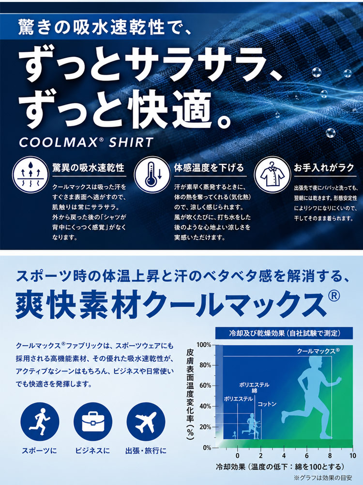 シャツ 半袖 COOLMAX 楊柳 無地 メンズ 大きいサイズ クールマックス