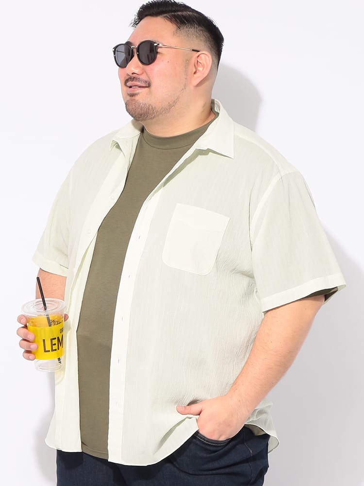 シャツ 半袖 COOLMAX 楊柳 無地 メンズ 大きいサイズ クールマックス 縦シボ レギュラーカラー トップス 冷感 涼しい ビジカジ