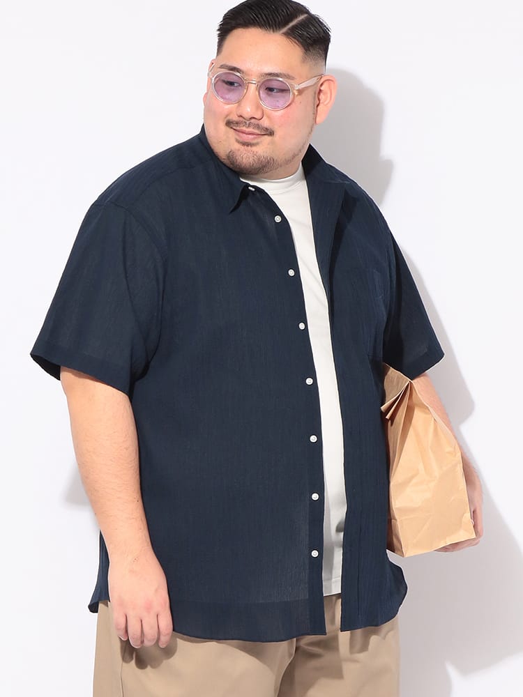 シャツ 半袖 COOLMAX 楊柳 無地 メンズ 大きいサイズ クールマックス 縦シボ レギュラーカラー トップス 冷感 涼しい ビジカジ