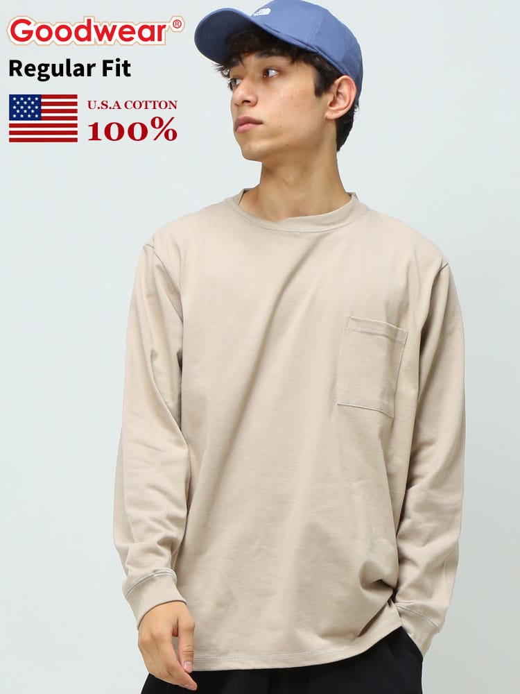 グッドウェア Tシャツ GOODWEAR USA ロンT コットン ポケット付き 無地 クルーネック 長袖 Tシャツ 2W78518 WEB限定