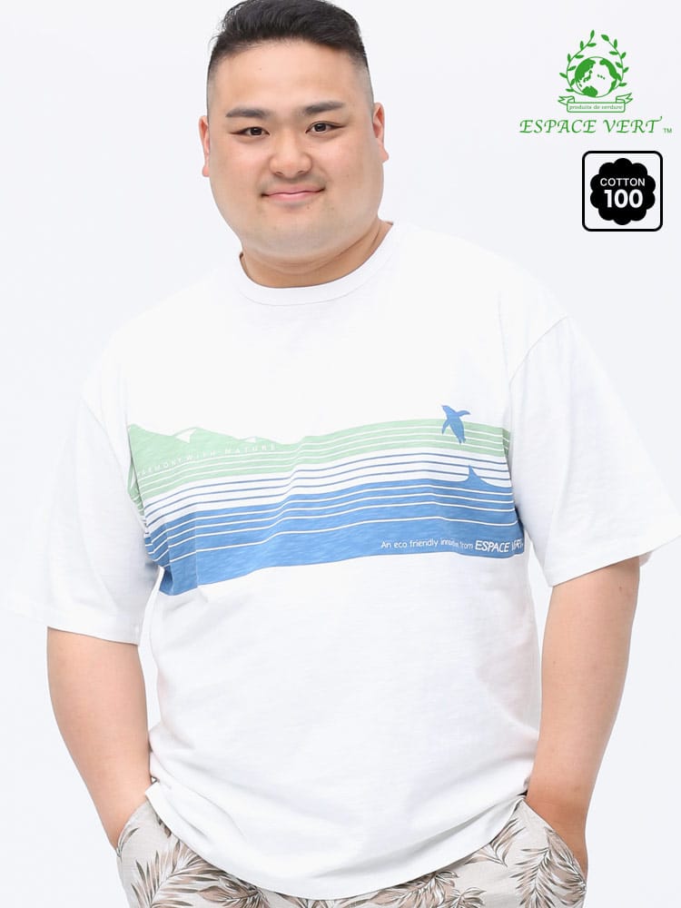 大きいサイズ メンズ ESPACE VERT (エスパスヴェール) 綿100％ フロントプリント クルーネック 半袖 Tシャツ