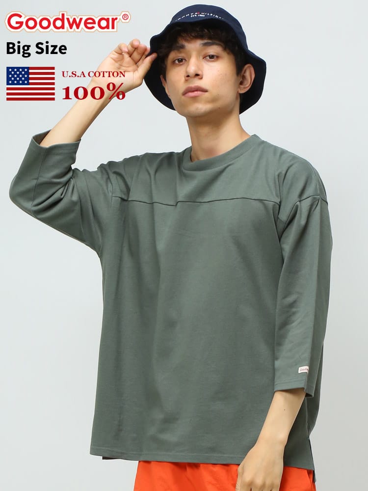 Goodwear (グッドウェア) USAコットン 無地 クルーネック フットボール 七分袖 Tシャツ BIG TEE