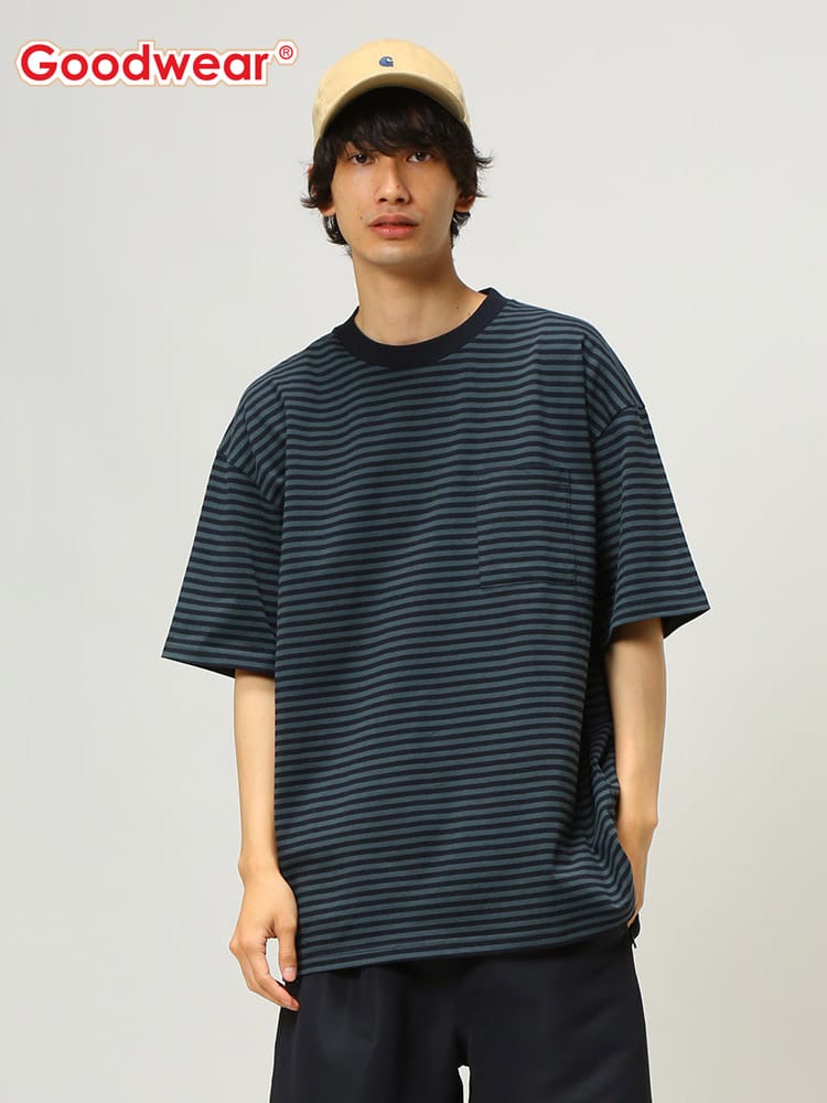Goodwear (グッドウェア) USAコットン ポケット付き ボーダー クルーネック 半袖 Tシャツ SS BIG TEE