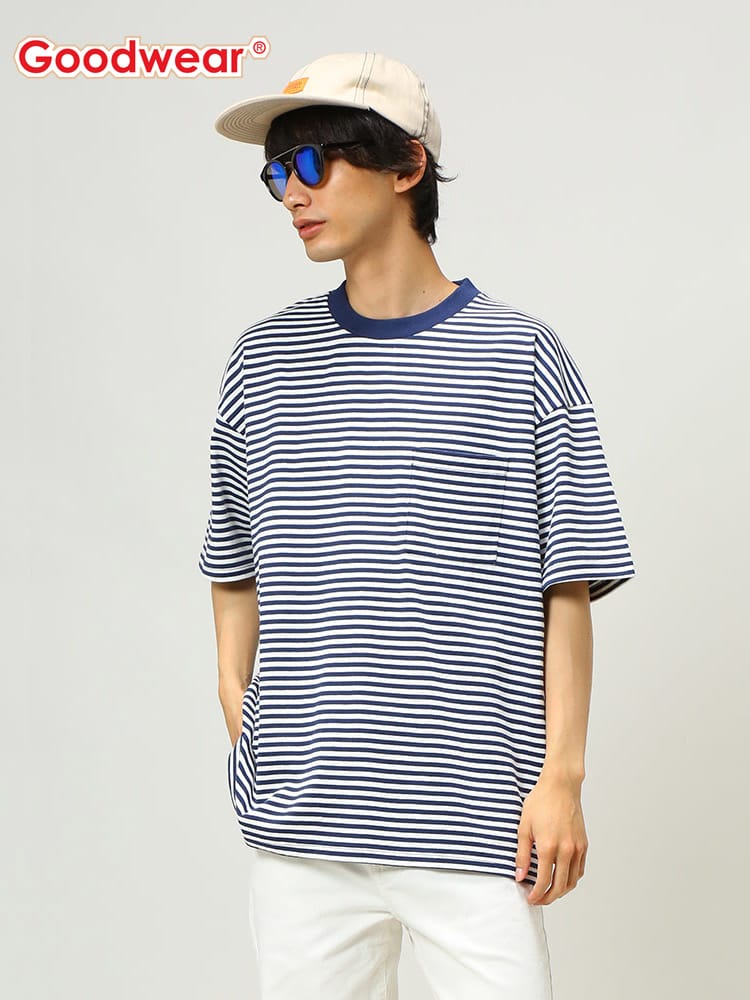 Goodwear (グッドウェア) USAコットン ポケット付き ボーダー クルーネック 半袖 Tシャツ SS BIG TEE