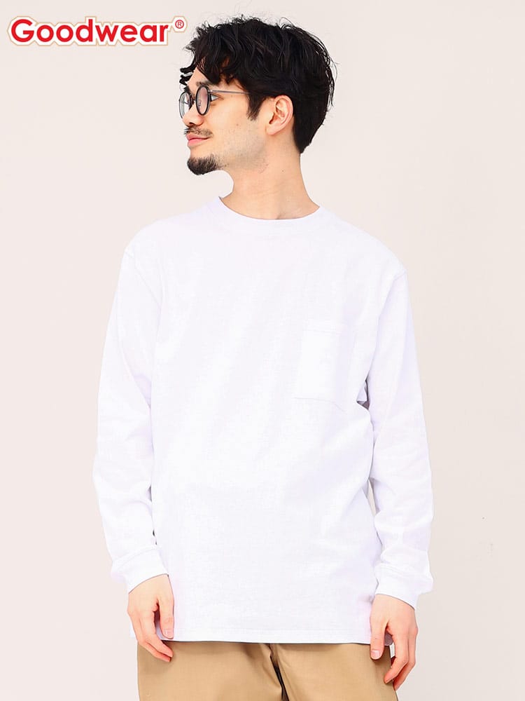 グッドウェア Tシャツ ポケット付き Goodwear USAコットン 無地 クルーネック 長袖  2W7-8518