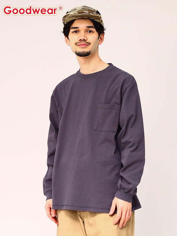 グッドウェア Tシャツ ポケット付き Goodwear USAコットン 無地 クルーネック 長袖  2W7-8518