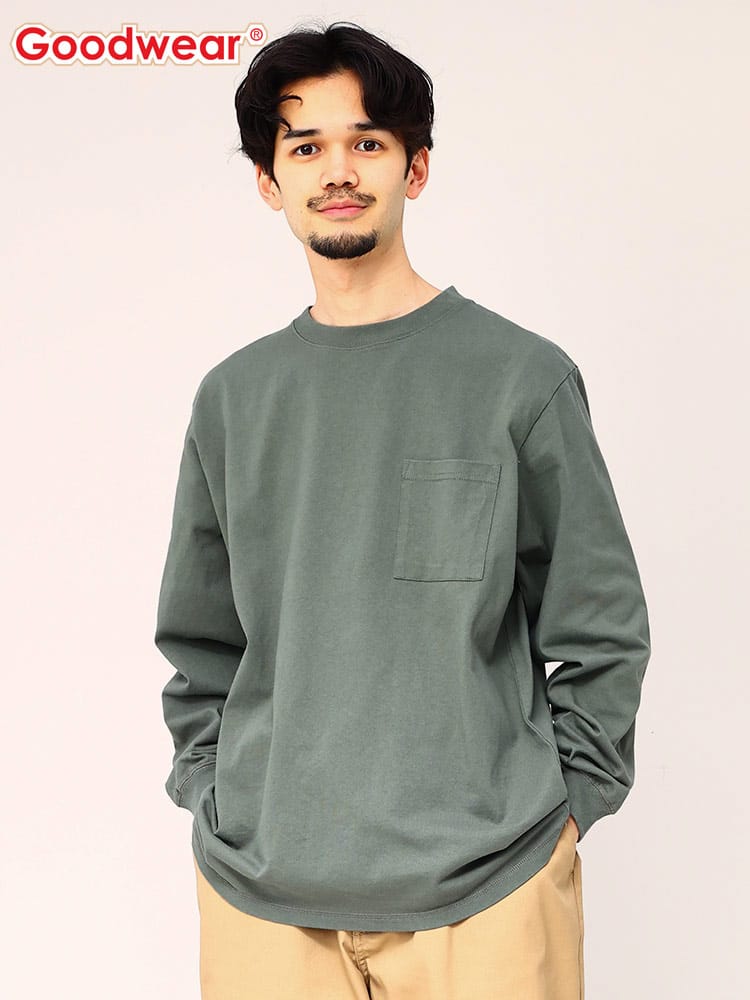 グッドウェア Tシャツ ポケット付き Goodwear USAコットン 無地 クルーネック 長袖  2W7-8518