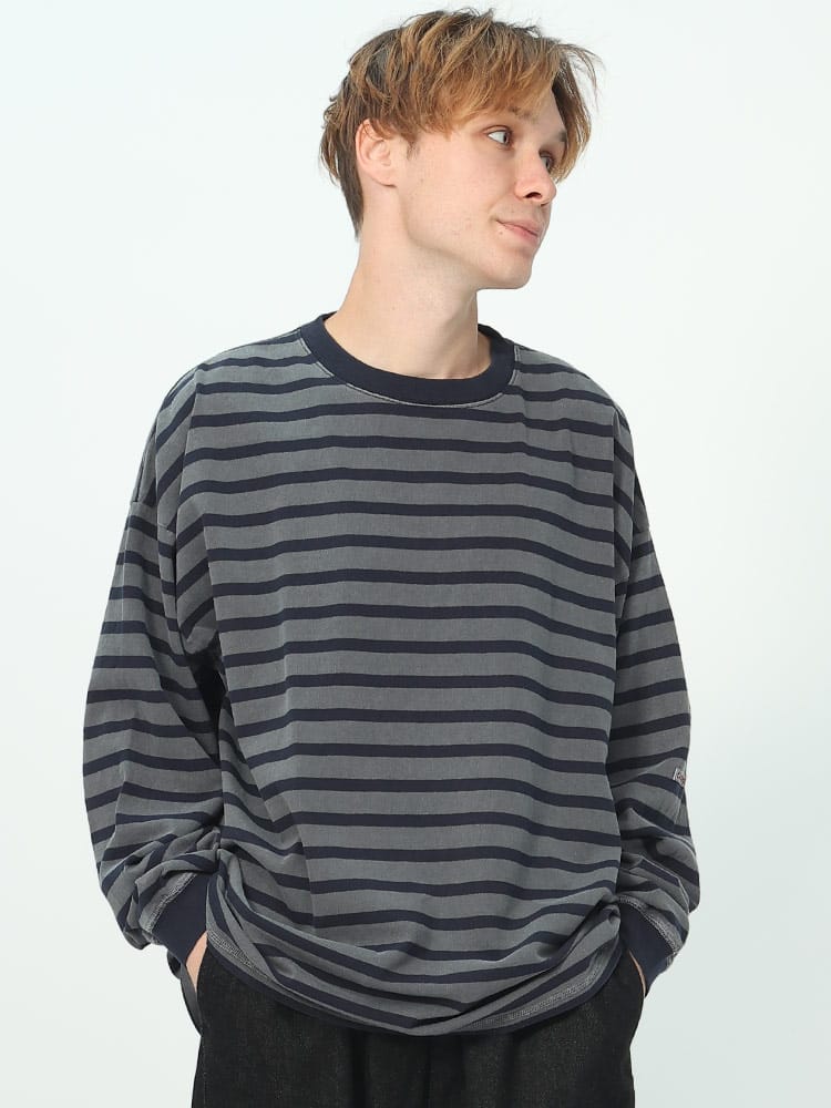 Goodwear (グッドウェア) 染めボーダー クルーネック 長袖 Tシャツ SUPERBIG TEE