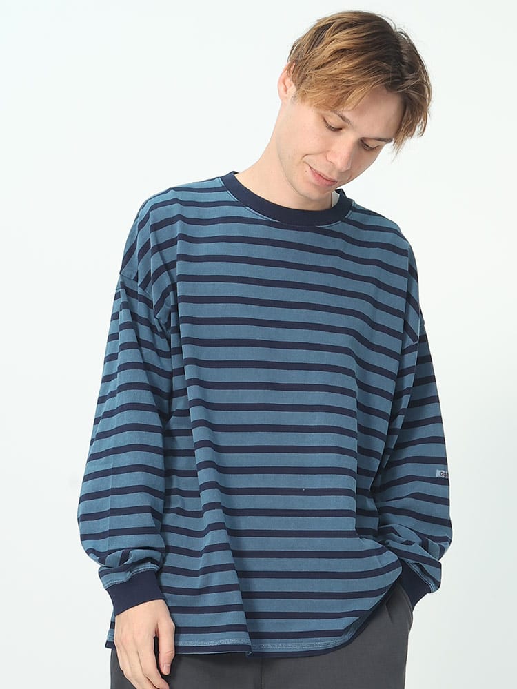 Goodwear (グッドウェア) 染めボーダー クルーネック 長袖 Tシャツ SUPERBIG TEE