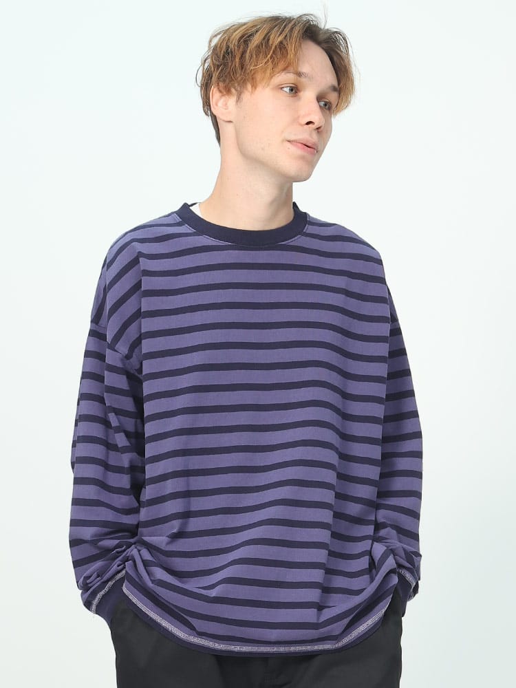 Goodwear (グッドウェア) 染めボーダー クルーネック 長袖 Tシャツ SUPERBIG TEE