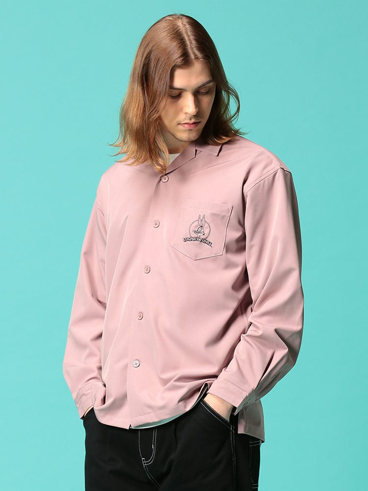 LOONEYTUNES (ルーニーテューンズ) バック刺繍 ポケット オープンカラー 長袖 シャツ