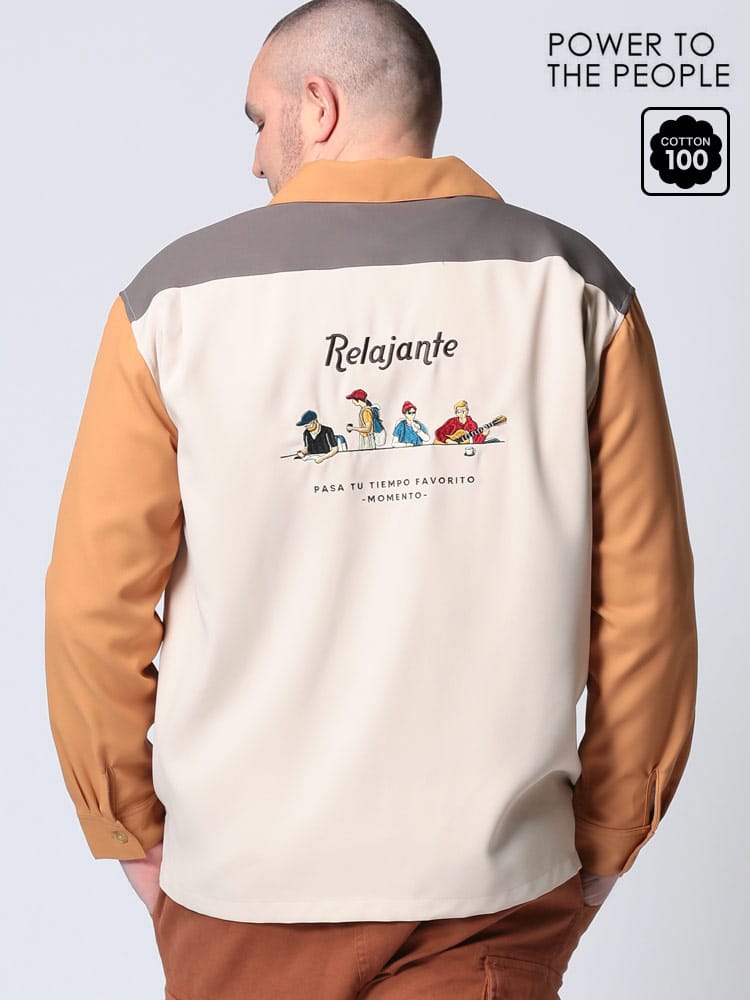 大きいサイズ メンズ POWER TO THE PEOPLE (パワートゥザピープル) バック刺繍 ポケット オープンカラー 長袖 シャツ