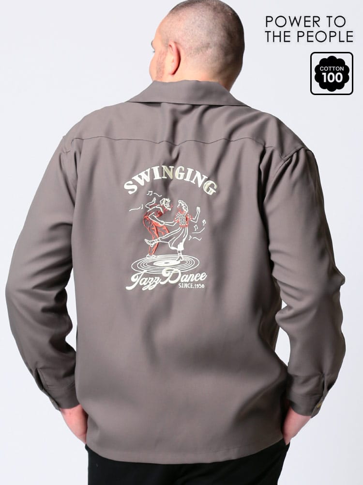 大きいサイズ メンズ POWER TO THE PEOPLE (パワートゥザピープル) バック刺繍 ポケット オープンカラー 長袖 シャツ