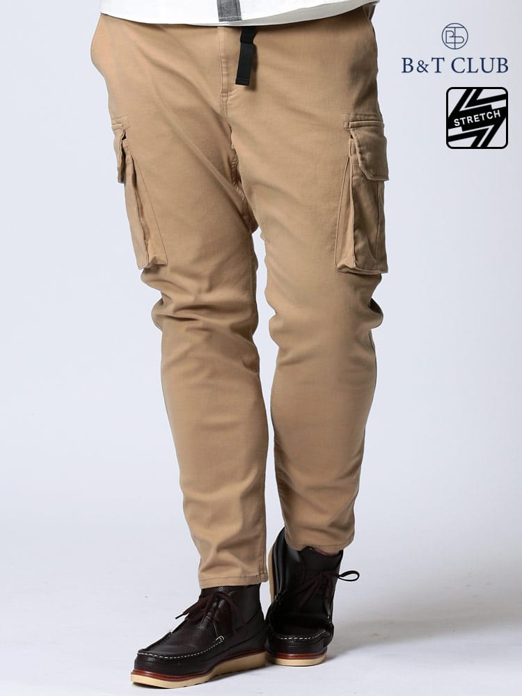 大きいサイズ メンズ B＆T CLUB (ビーアンドティークラブ) ストレッチ 無地 ウエストコード カーゴパンツ