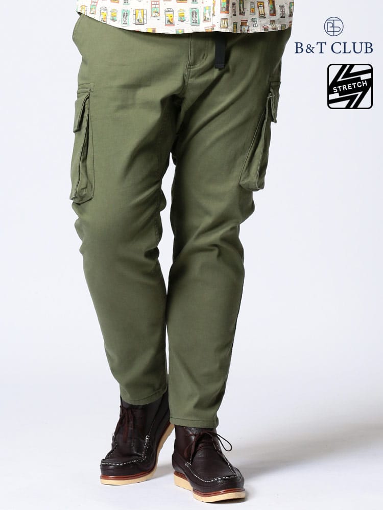 大きいサイズ メンズ B＆T CLUB (ビーアンドティークラブ) ストレッチ 無地 ウエストコード カーゴパンツ