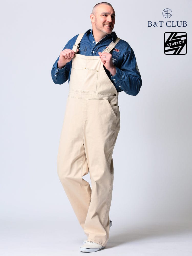 大きいサイズ メンズ B＆T CLUB (ビーアンドティークラブ) ストレッチ 無地 前閉じ オーバーオール